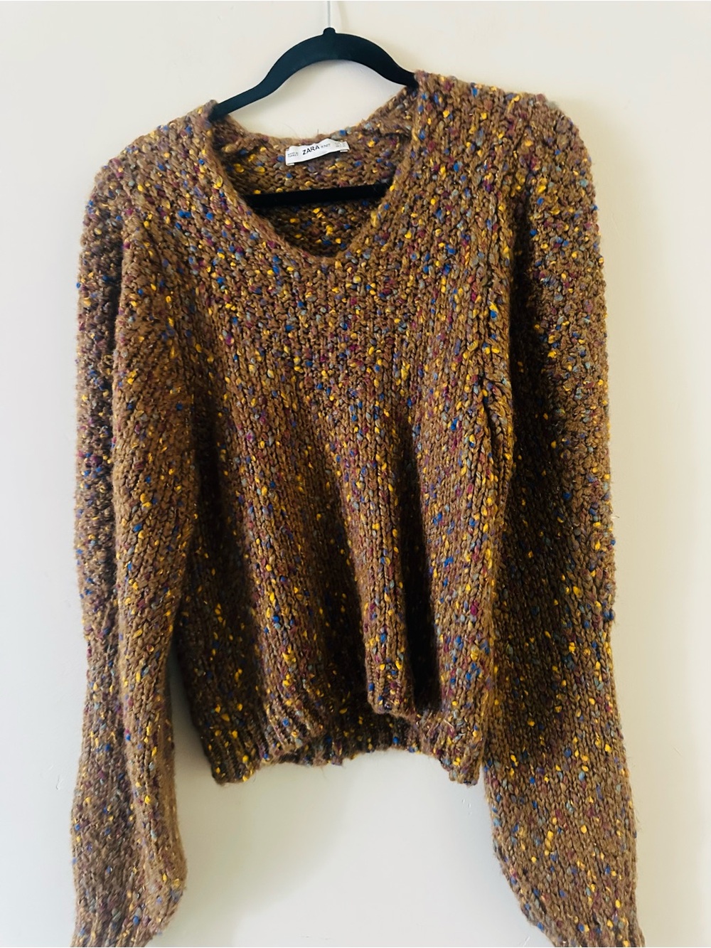 Zara Brown Tweed V-Neck Sweater with Multicolor Flecks